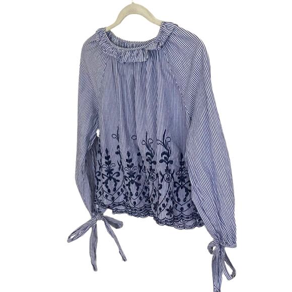 Maison Jules Embroidered Stripe Cotton Blouse, Size Medium - Picture 3 of 5